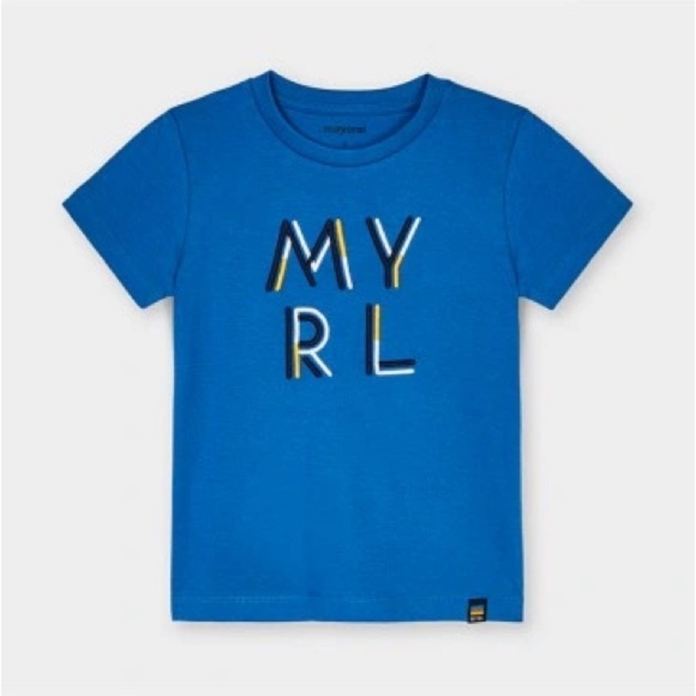 Size 6 Boys Mayoral Vibrant Blue Kids Tee with Graphic Letters